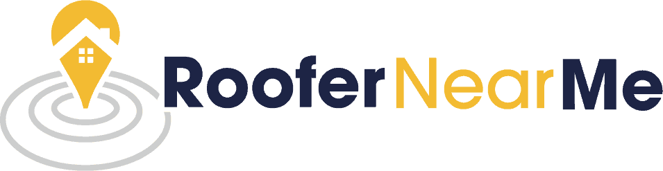 Roofer Near Me logo with a roof and water ripple design for roofing services.