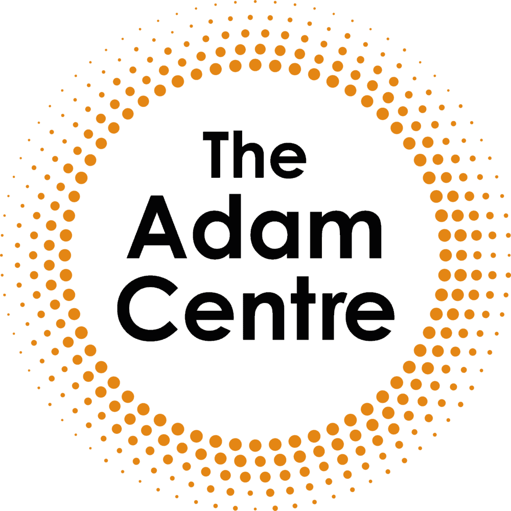 The Adam Centre logo with orange dotted circle on black background.
