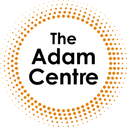The Adam Centre logo with orange dotted circle on black background.