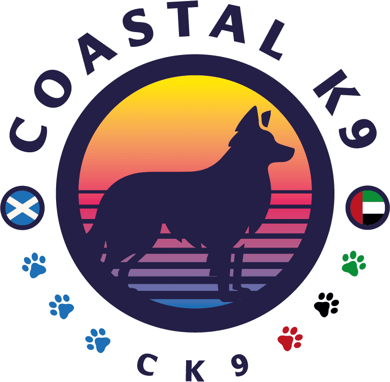Coastal K9 logo with sunset background and dog silhouette.