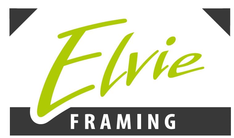 Elvie Framing logo with green script and black background.