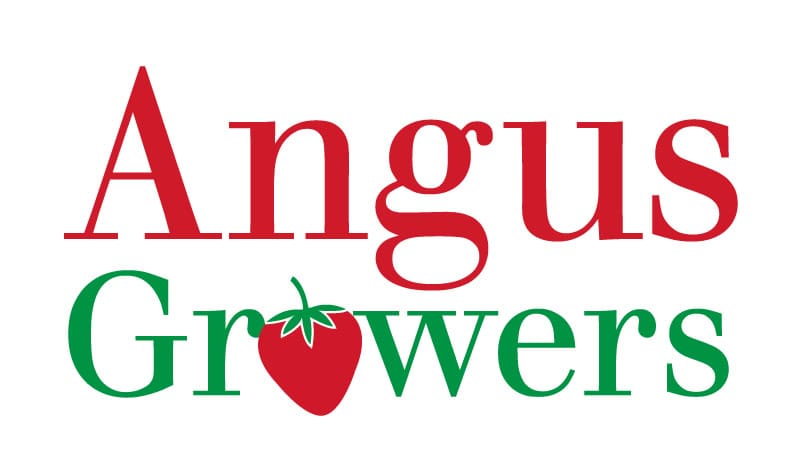 Logo for Angus Growers featuring a strawberry icon and bold text.