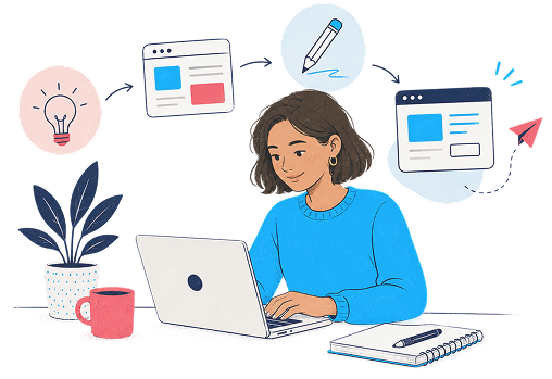 Woman working on a laptop with creative icons around her.