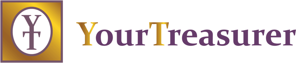 YourTreasurer logo with a purple and gold color scheme for branding.