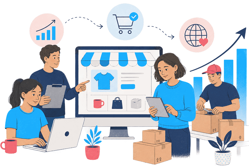 Team managing online store with laptops and boxes for e-commerce success.